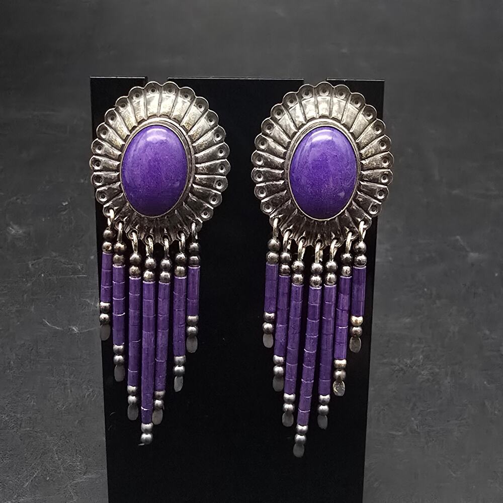QT Sterling Silver Blue Lapis Earring Fringe Beaded Native Quoc Turquoise